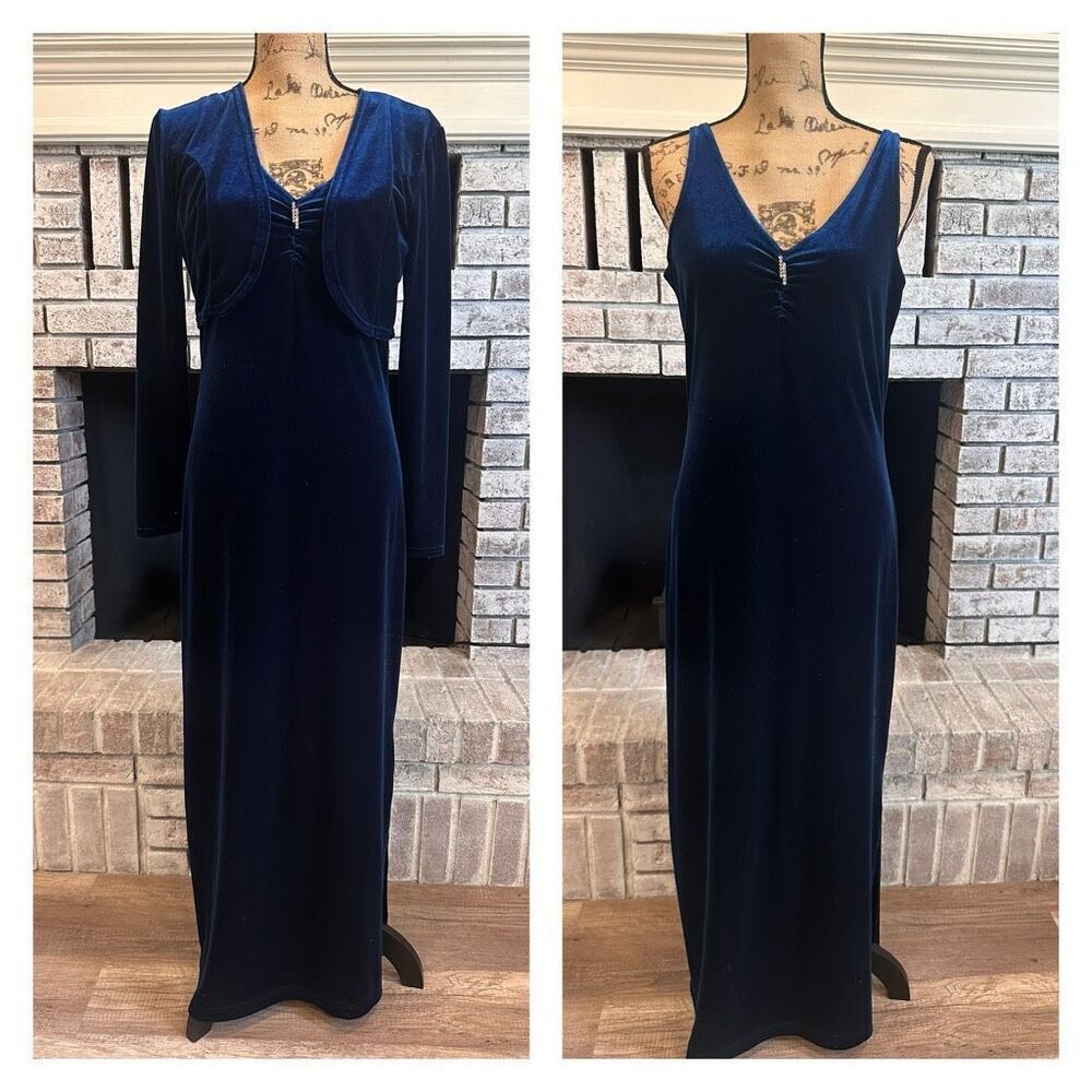 Vintage 90s Fashion Bug Velour Maxi Evening Dress Bolero Set Whimsy Blue‎ Size 8